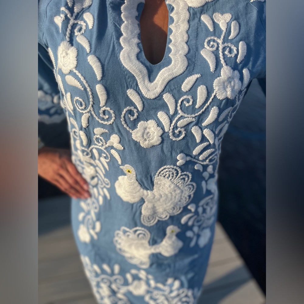 Frances Valentine Blue and White Peacock Caftan Embroidered Dress - Picture 3 of 6